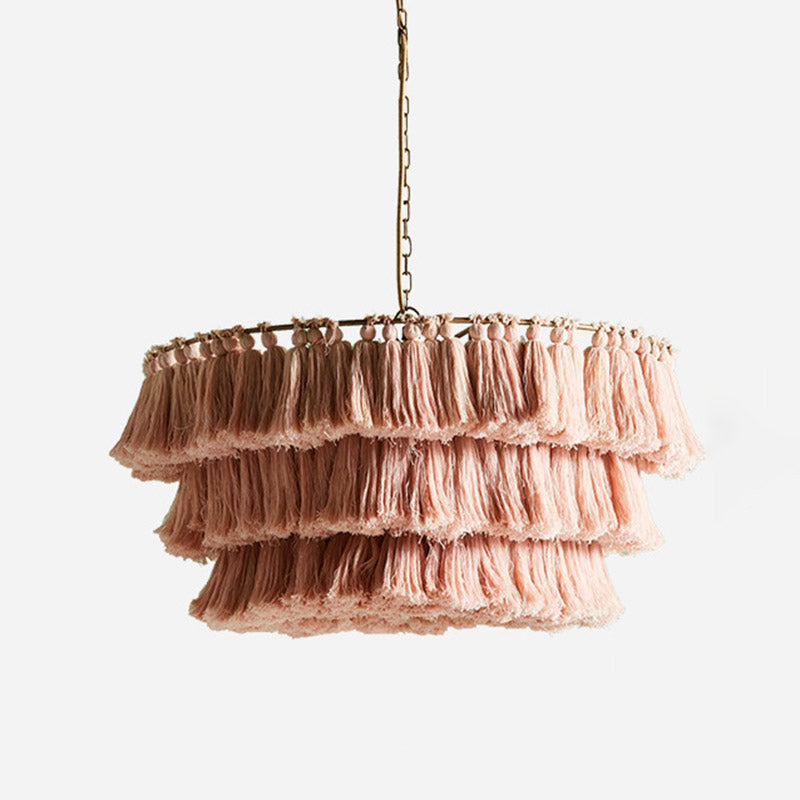 Simplicity Handwoven Fringe Chandelier Light Fixture - Tiered Round Ceiling Lighting With 3 Heads