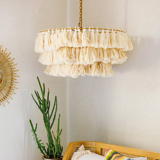 Simplicity Handwoven Fringe Chandelier Light Fixture - Tiered Round Ceiling Lighting With 3 Heads