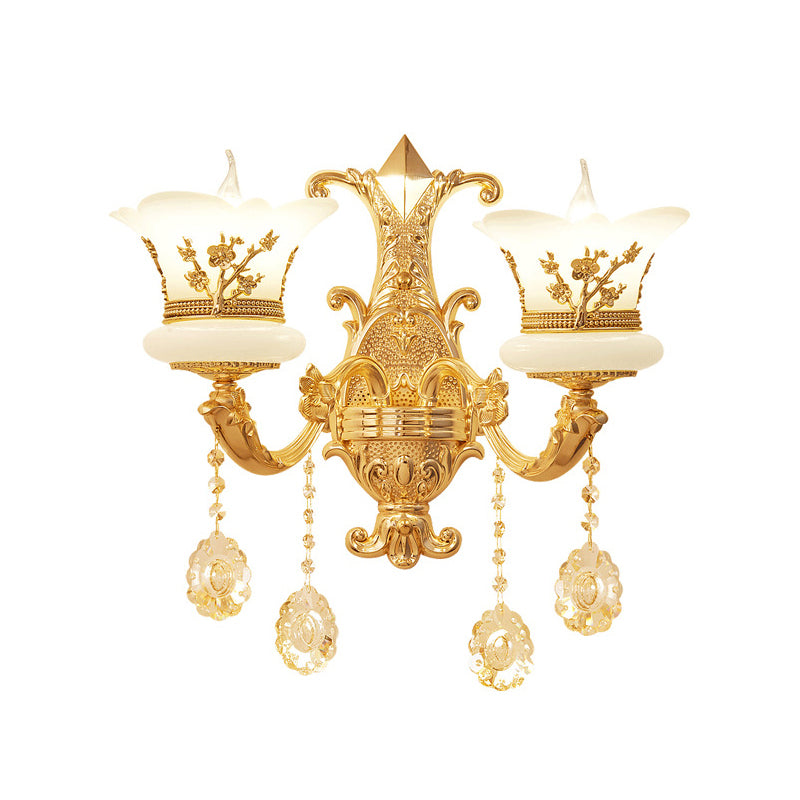 Traditional Wall Light Fixture With Imitation Jade Gold Design And Crystal Draping