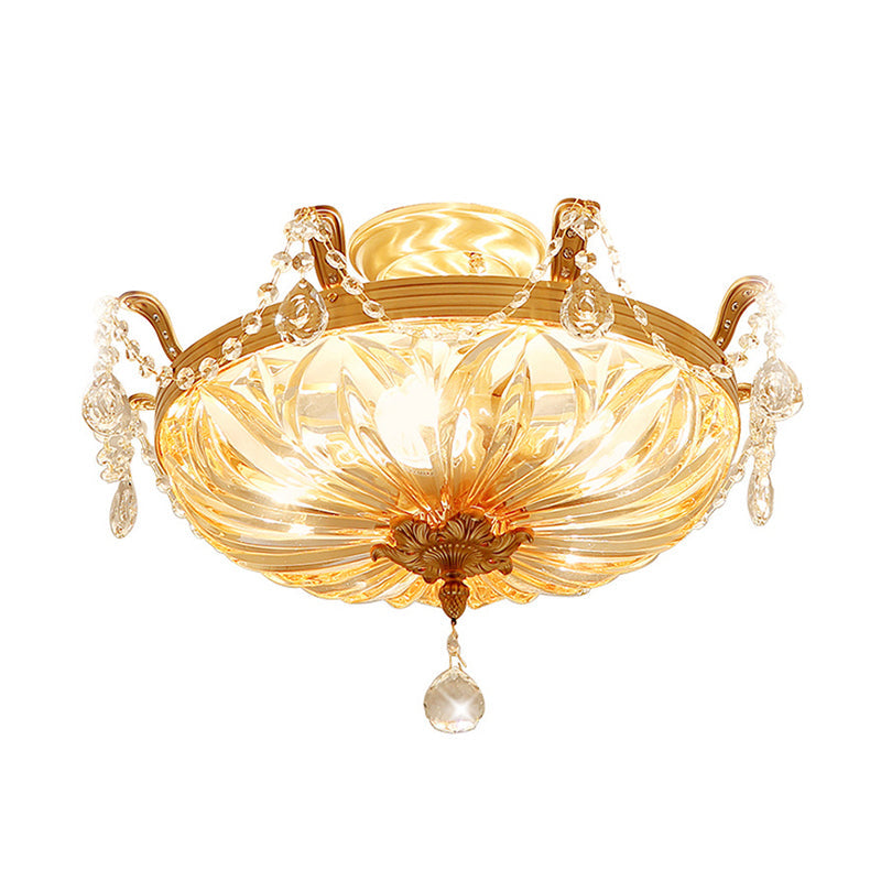 Antique Gold Crystal Flush Mount Ceiling Light With Elegant Draping