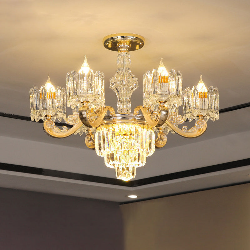 Retro Clear Glass Gold Pendant Chandelier With Crystal Decor - Cylindrical Living Room Light