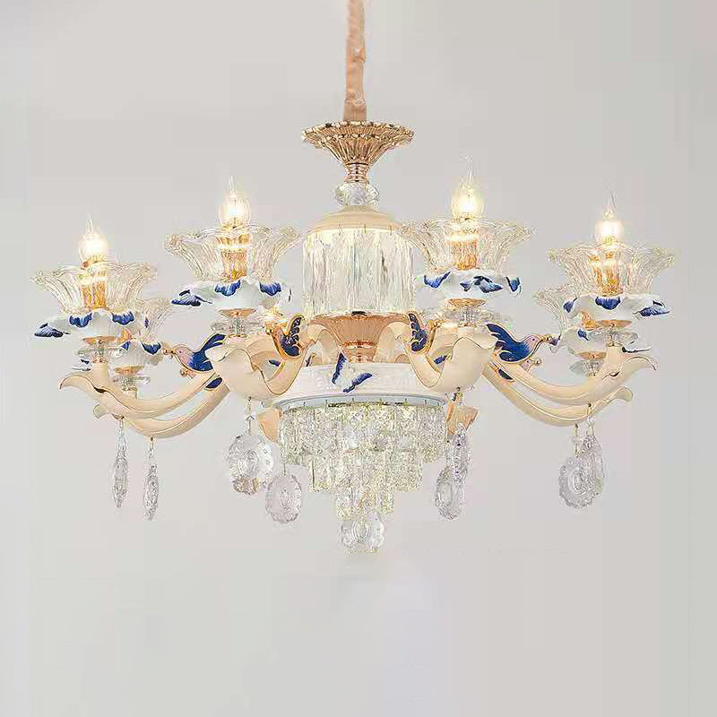 Vintage Beige Ruffle Floral Chandelier Light With Crystal Accent - Faceted Glass For Living Room