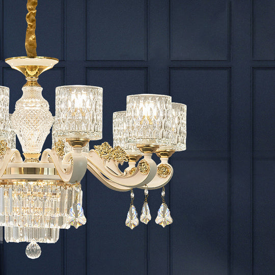 Vintage Cylinder Ripple Glass Chandelier Pendant Light With Crystal Draping In White - Ideal For