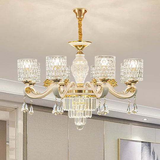 Vintage Cylinder Ripple Glass Chandelier Pendant Light With Crystal Draping In White - Ideal For