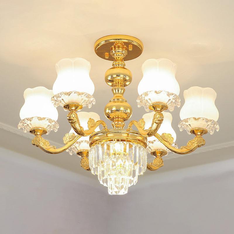 Retro Style Gold Chandelier With Cream Glass & Layered Crystal Accents - Bud Suspension Light 6 /