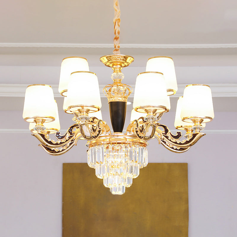 White Glass Tapered Ceiling Chandelier With Layered Crystal Décor - Traditional Living Room Lighting