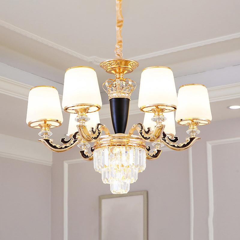 White Glass Tapered Ceiling Chandelier With Layered Crystal Décor - Traditional Living Room Lighting