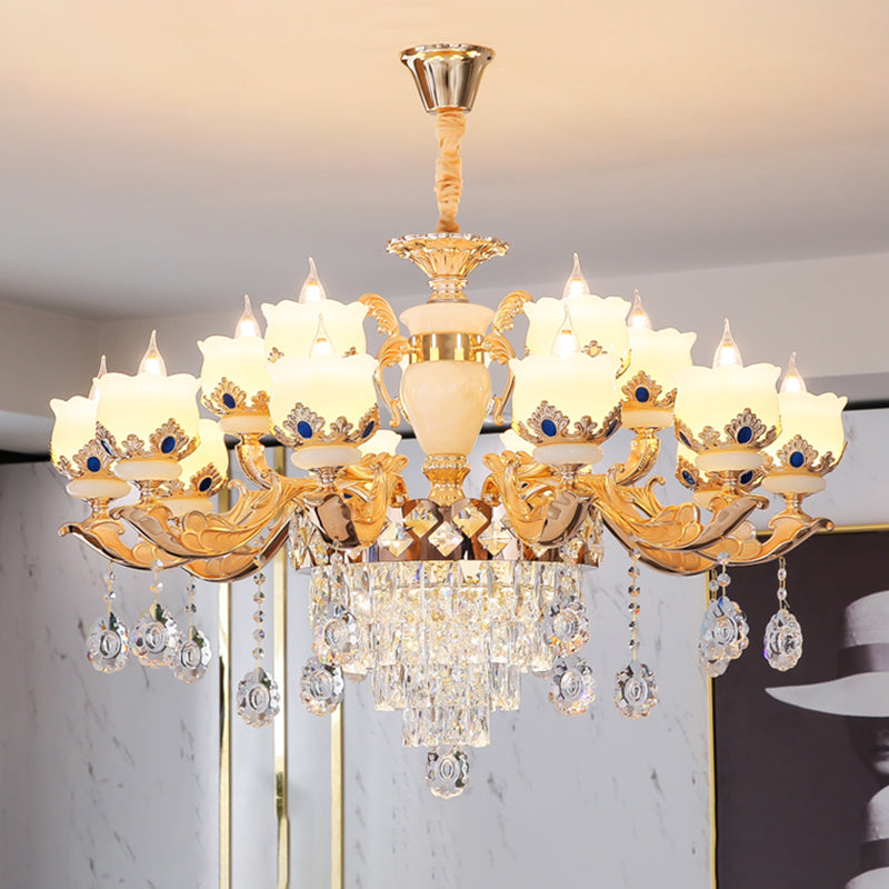 Vintage Floral Chandelier Pendant Light With Crystal - Cream Glass And Gold Finish