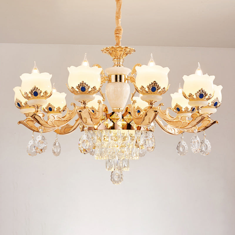 Vintage Floral Chandelier Pendant Light With Crystal - Cream Glass And Gold Finish