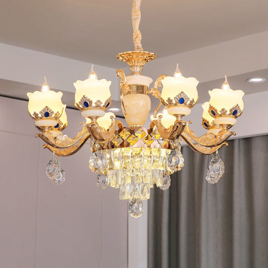 Vintage Floral Chandelier Pendant Light With Crystal - Cream Glass And Gold Finish 8 /