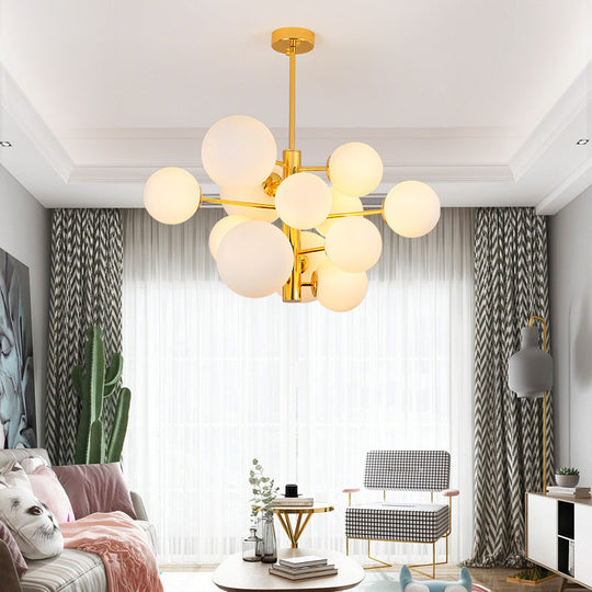 10/13 Bulbs Global Chandelier Lamp: Modern Milk Glass Hanging Light In Gold 13 /
