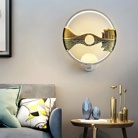 Chinese-Inspired Black/White Led Acrylic Wall Sconce - 12 Circular Lamp With Scenic Pattern White