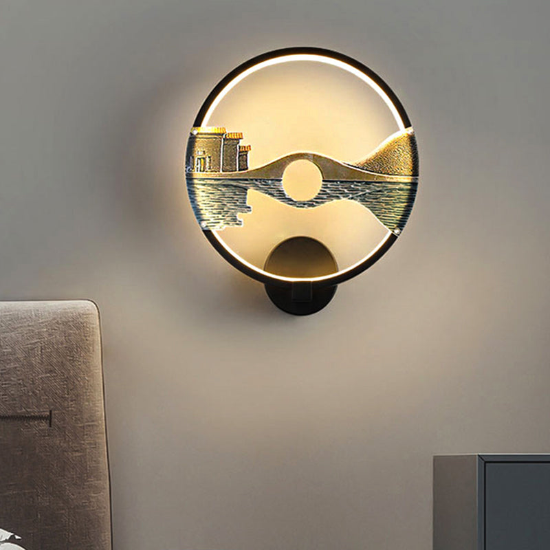 Chinese-Inspired Black/White Led Acrylic Wall Sconce - 12 Circular Lamp With Scenic Pattern Black