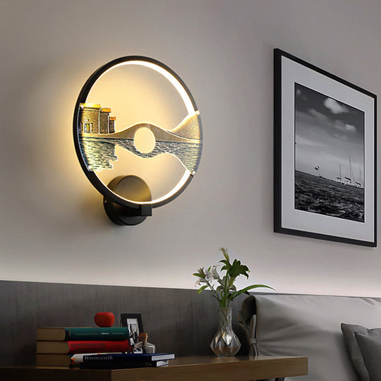 Chinese-Inspired Black/White Led Acrylic Wall Sconce - 12 Circular Lamp With Scenic Pattern