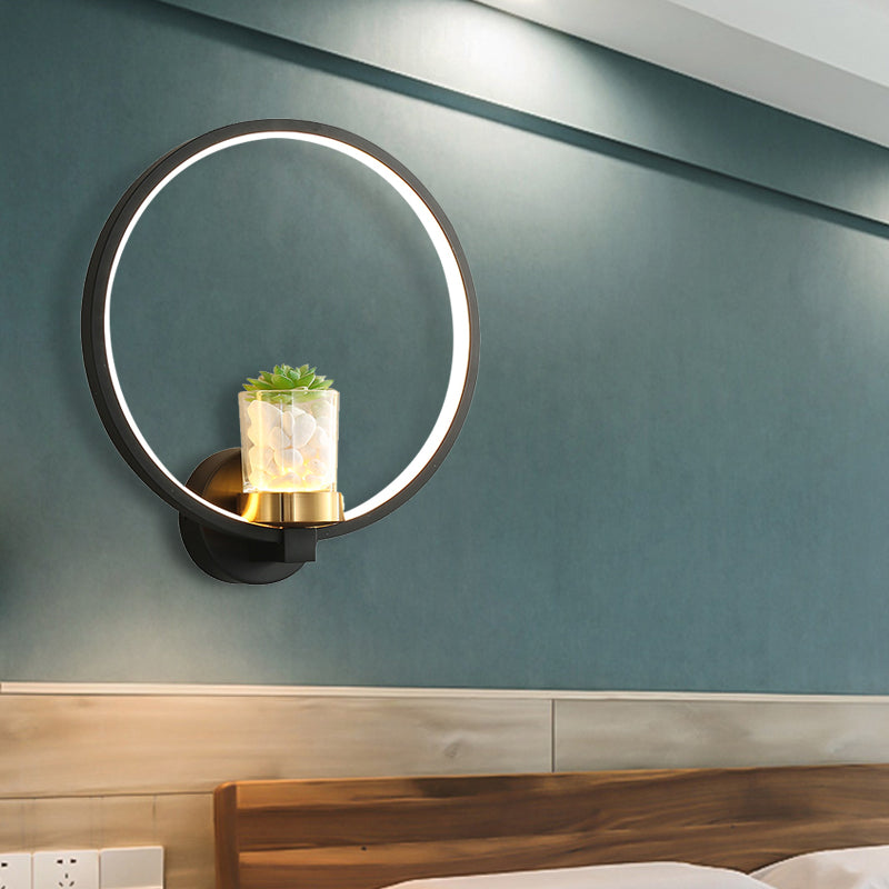 Contemporary Black Wall Mount Ring Light With Led Warm-Light And Potted Plant Sconce Fixture