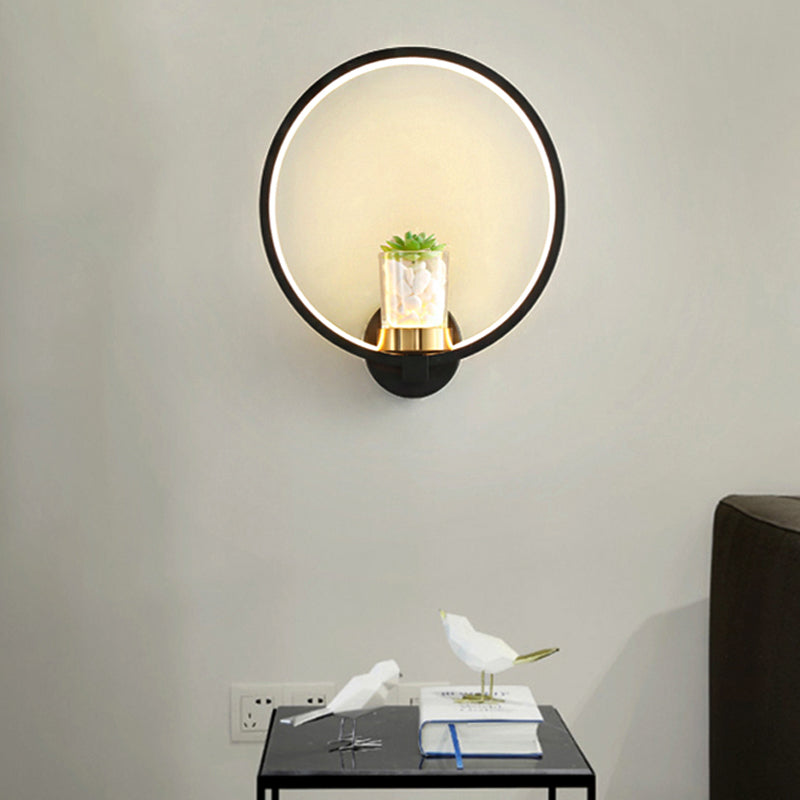 Contemporary Black Wall Mount Ring Light With Led Warm-Light And Potted Plant Sconce Fixture
