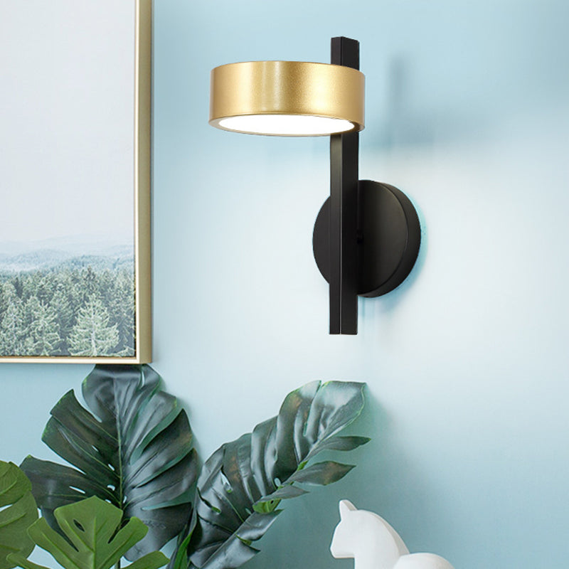 Modern Metallic Led Reading Lamp: Black And Gold Cylinder Sconce Light Fixture With White
