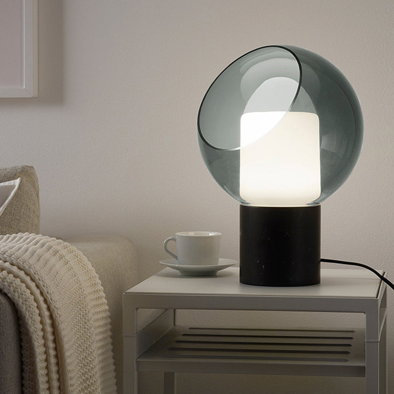 Black Led Table Lamp With Marble Base And Smoked Globe Glass Shade - Postmodern Nightstand Light