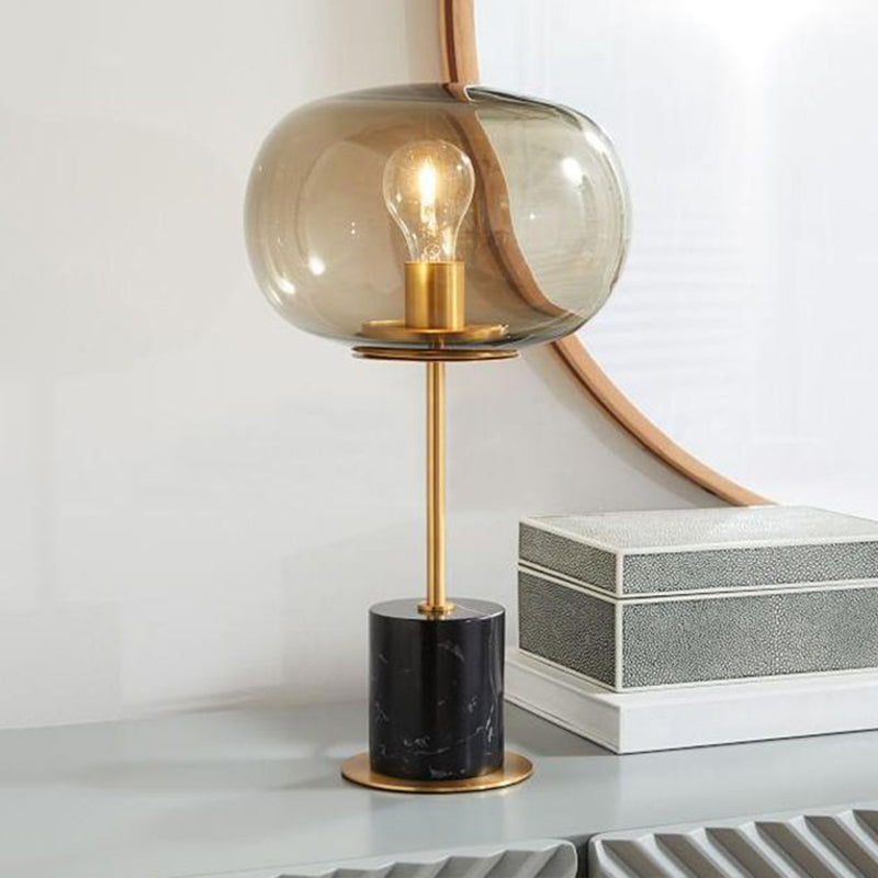 Amber Glass Bedside Lamp With Marble Base - Minimalistic Table Light Black