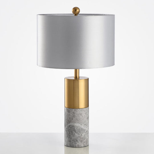 Minimalistic Round Bedside Lamp: Fabric 1-Light Table Light Cylindrical Marble Base Grey