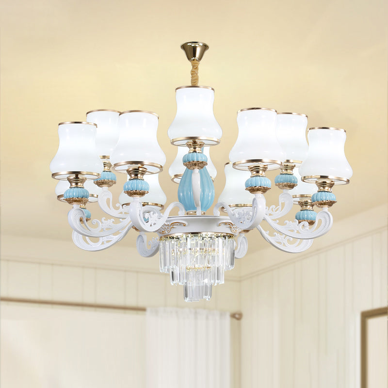 Classic Cream Glass Blue Bedroom Chandelier Light With Crystal Accents