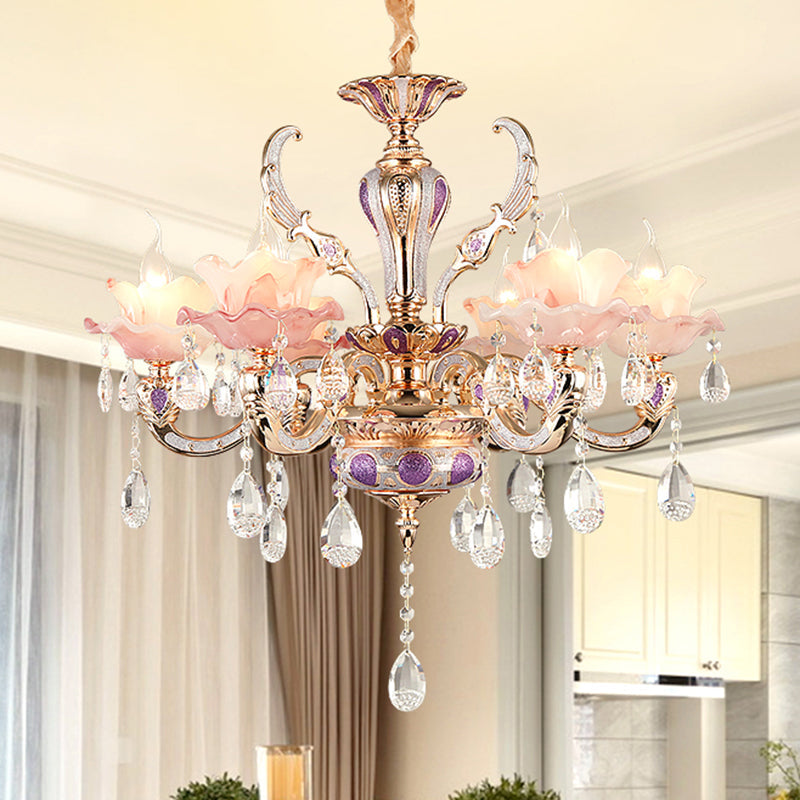 Retro Pink Floral Chandelier Pendant Light With Ruffle Accents Opaque Glass & Hanging Crystal For