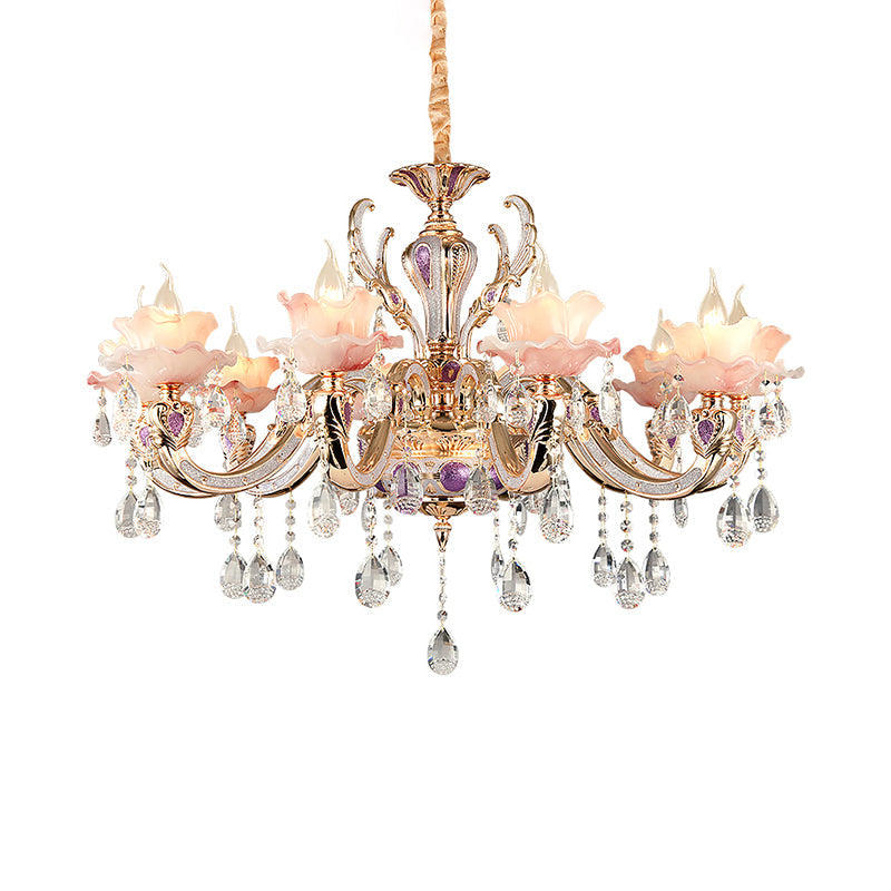 Retro Pink Floral Chandelier Pendant Light With Ruffle Accents Opaque Glass & Hanging Crystal For