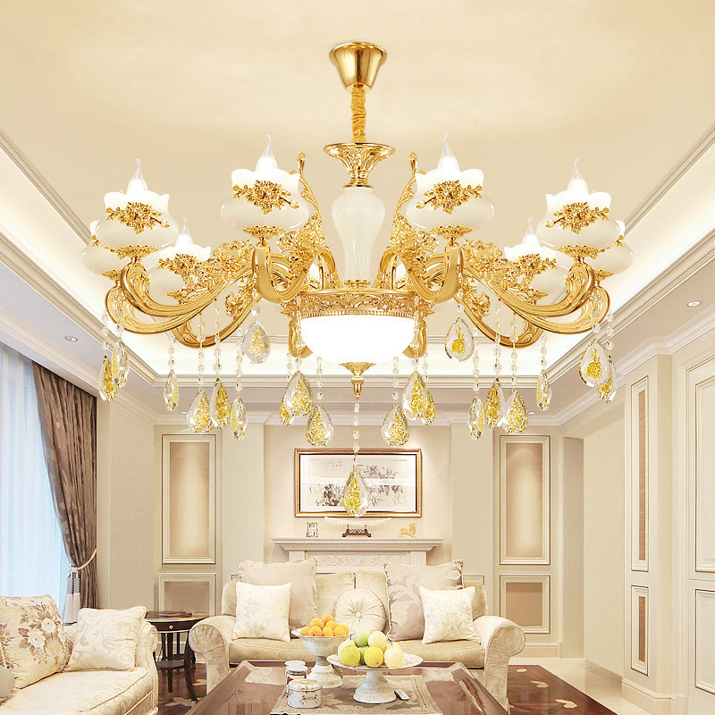Gold Opaque Glass Bud Ceiling Light With Crystal Draping - Traditional Living Room Chandelier