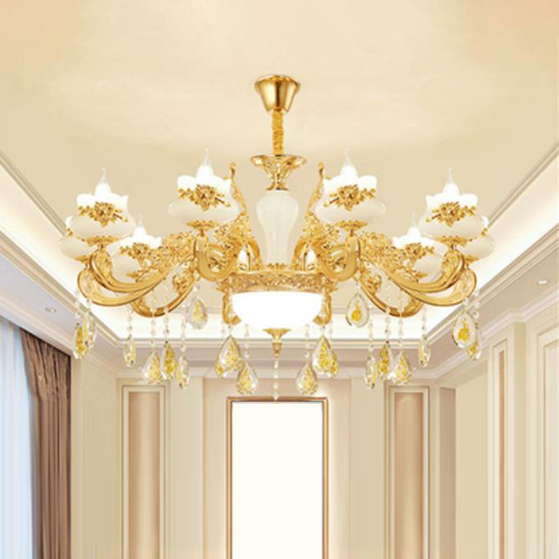 Gold Opaque Glass Bud Ceiling Light With Crystal Draping - Traditional Living Room Chandelier