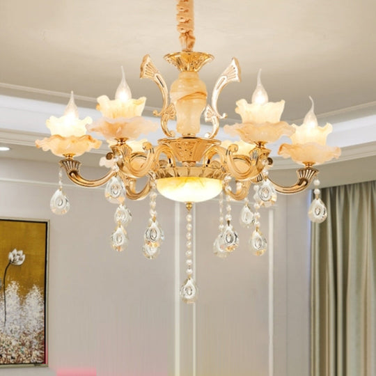 Retro Gold Floral Chandelier With Crystal Pendant Light Fixture - Elegant Glass Design For Living