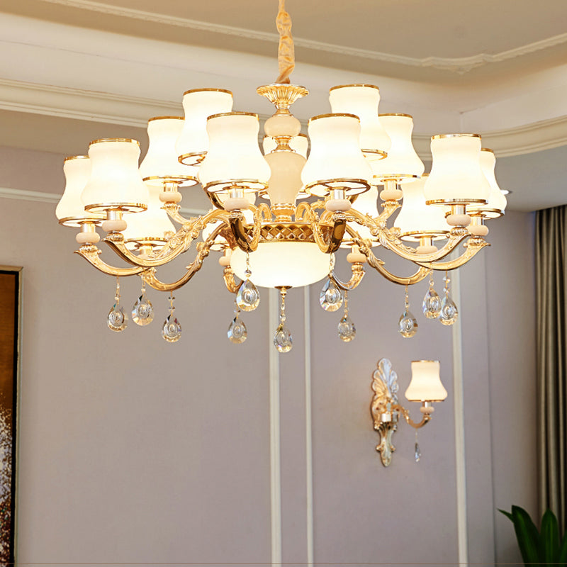 White Glass Pendant Chandelier With Crystal Draping For Living Room - Classic Bud Lighting 15 /