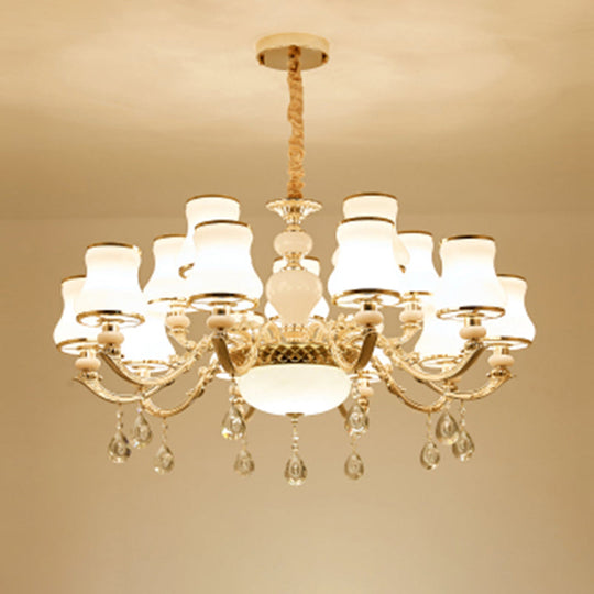 White Glass Pendant Chandelier With Crystal Draping For Living Room - Classic Bud Lighting