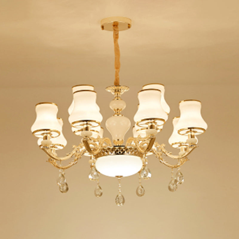 White Glass Pendant Chandelier With Crystal Draping For Living Room - Classic Bud Lighting