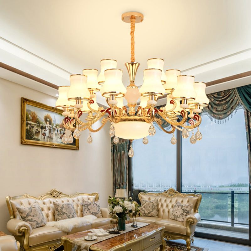 Traditional Living Room Chandelier With Crystal Draping - White Glass Bud Ceiling Lighting