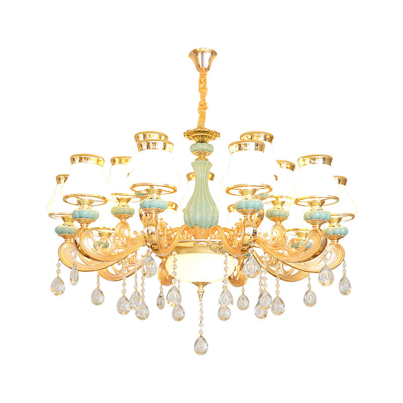 Handblown Glass Gold Chandelier Pendant With Crystal Accent - Retro Bud Light Fixture