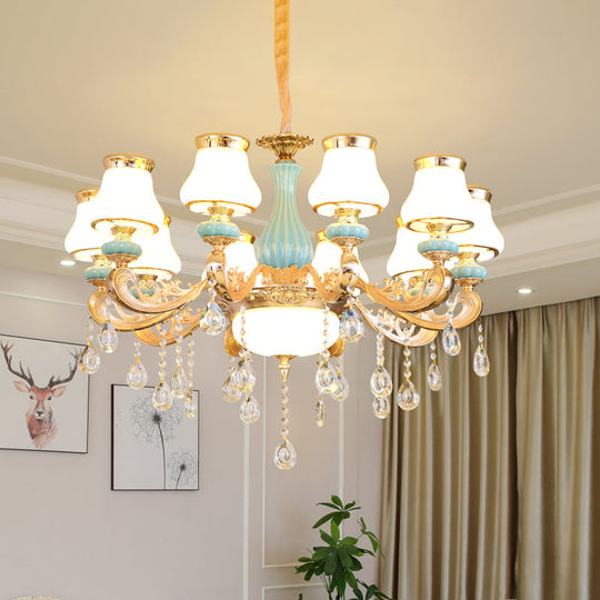 Handblown Glass Gold Chandelier Pendant With Crystal Accent - Retro Bud Light Fixture 10 /