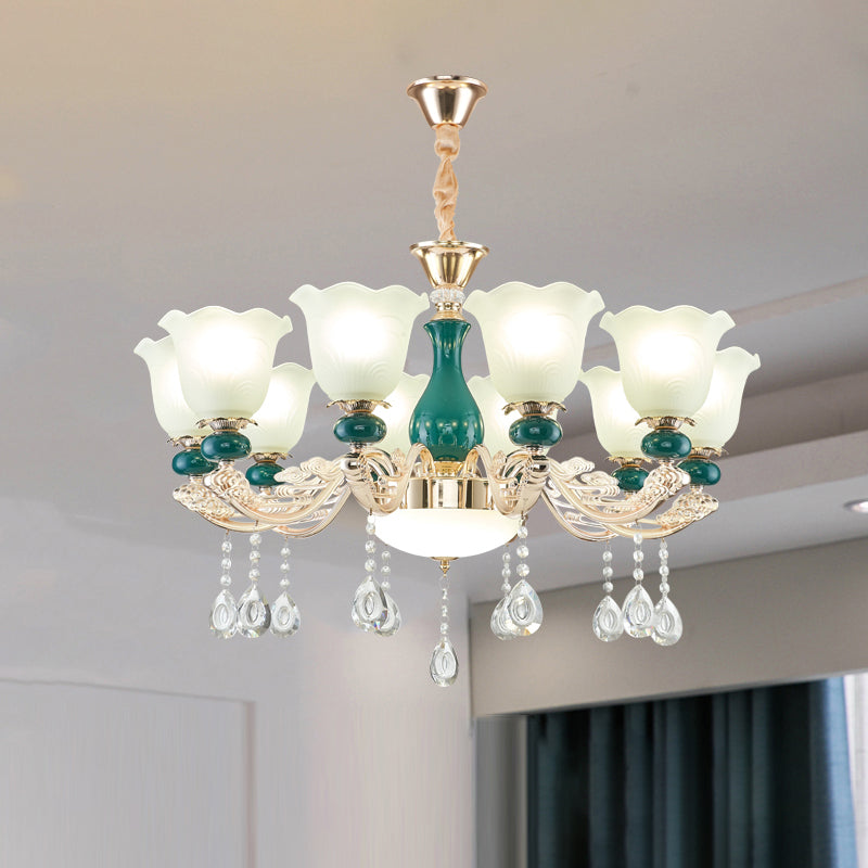 Ruffle Bell Glass Chandelier Light With Hanging Green Crystals - Cream Suspension