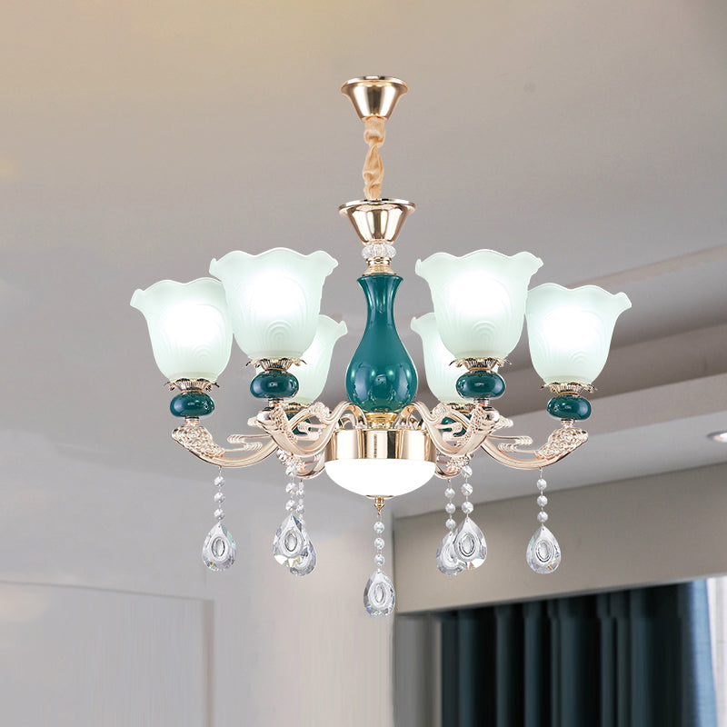 Ruffle Bell Glass Chandelier Light With Hanging Green Crystals - Cream Suspension 6 /