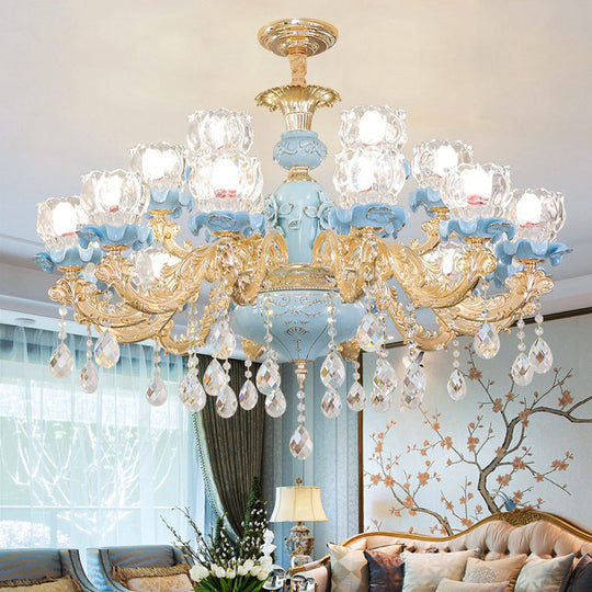 Blue Ribbed Glass Chandelier With Crystal Draping Classic Pendant Lighting For Living Room 18 /