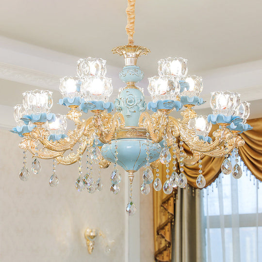 Blue Ribbed Glass Chandelier With Crystal Draping Classic Pendant Lighting For Living Room