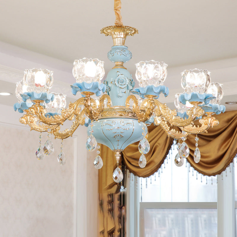 Blue Ribbed Glass Chandelier With Crystal Draping Classic Pendant Lighting For Living Room 10 /