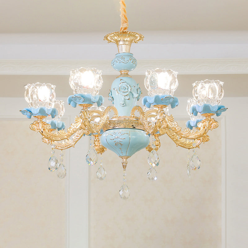 Blue Ribbed Glass Chandelier With Crystal Draping Classic Pendant Lighting For Living Room 8 /