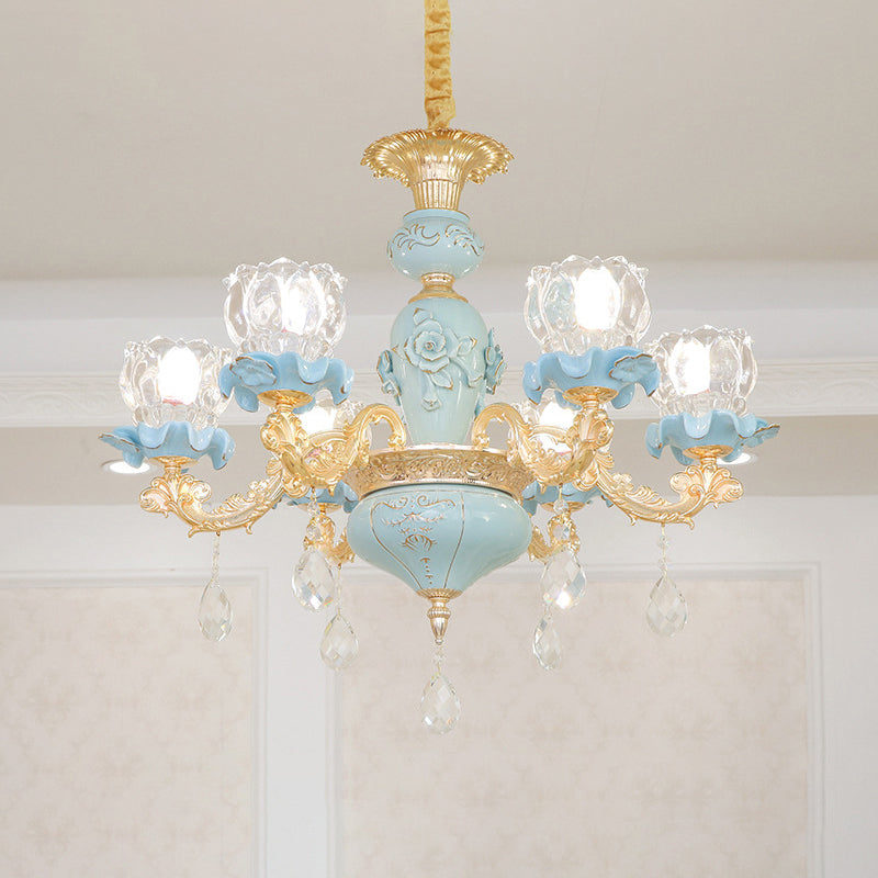 Blue Ribbed Glass Chandelier With Crystal Draping Classic Pendant Lighting For Living Room 6 /
