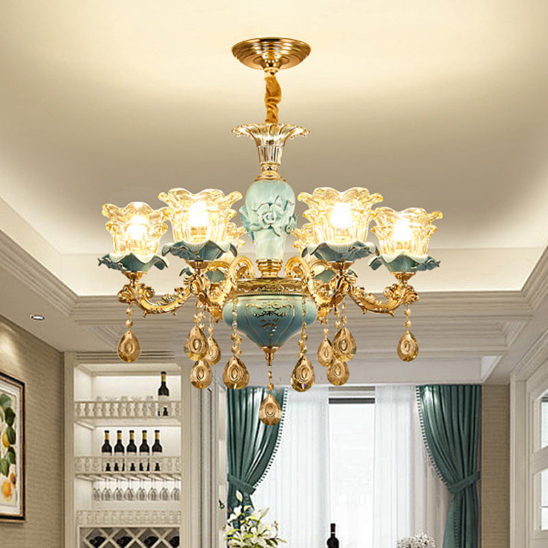 Blue Glass Chandelier Light Fixture With Crystal Accents For Traditional Flared Living Room Ceiling