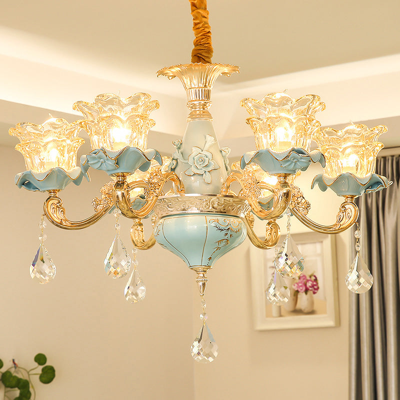 Vintage Ruffle Glass Flower Chandelier With Hanging Crystal - Blue Pendant Light For Living Room 6 /