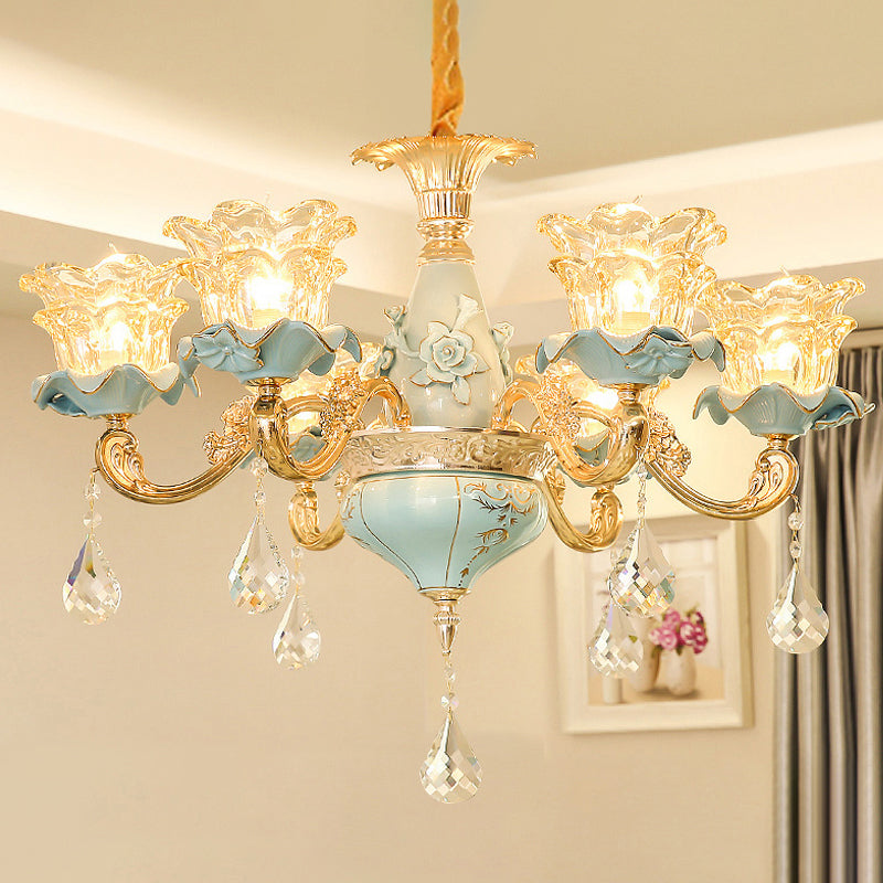 Vintage Ruffle Glass Flower Chandelier With Hanging Crystal - Blue Pendant Light For Living Room