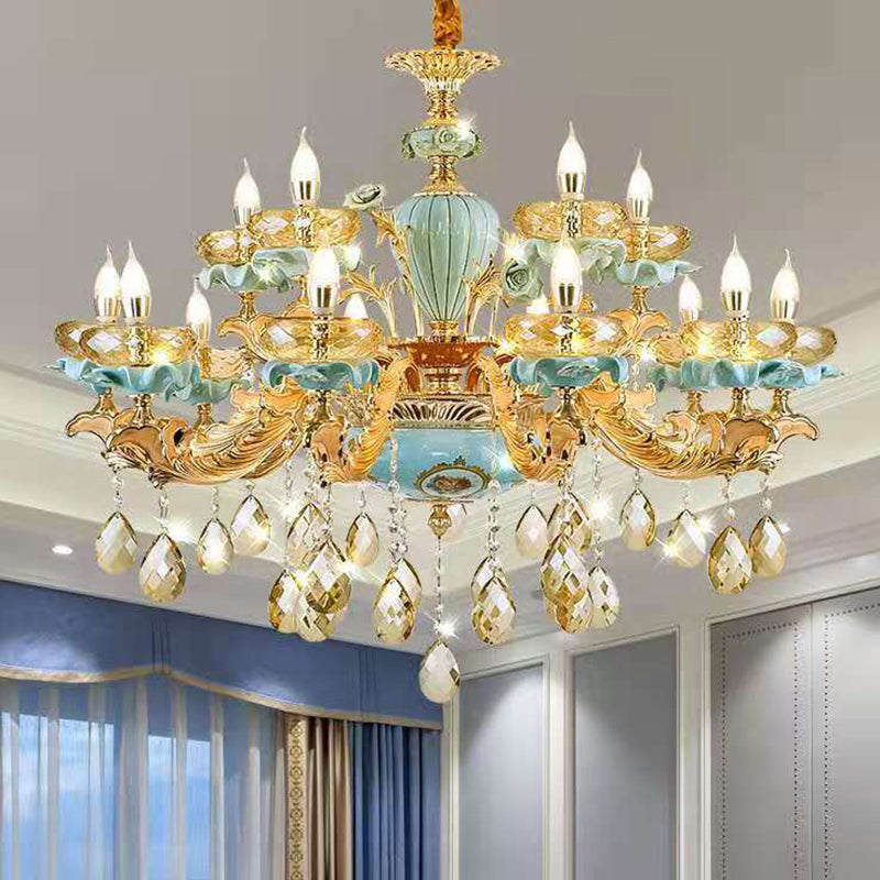 Retro Style Blue Suspension Light With Crystal Facets - Living Room Chandelier