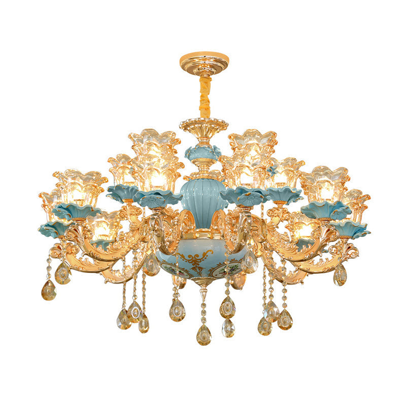 Blue Handblown Glass Chandelier: Classic Floral Pendant With Crystal Accent- Elegant Lighting
