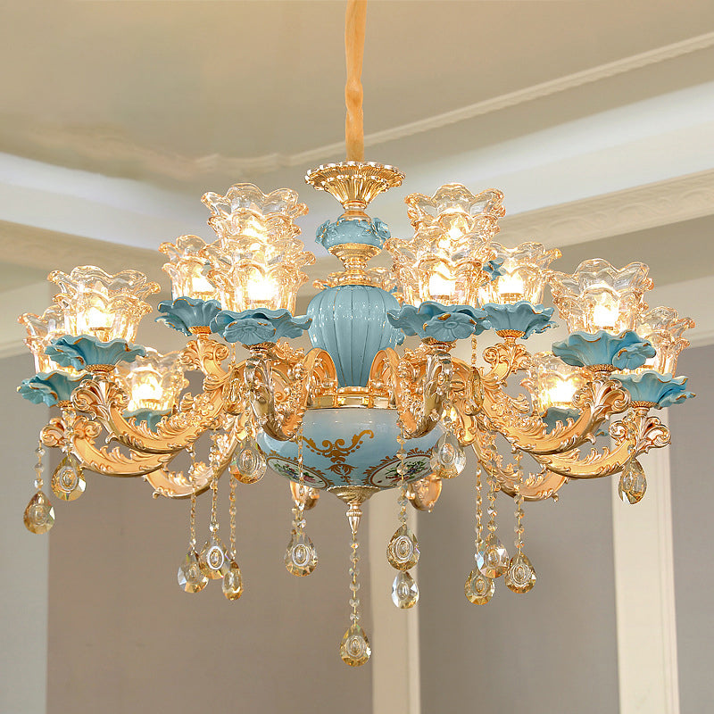 Blue Handblown Glass Chandelier: Classic Floral Pendant With Crystal Accent- Elegant Lighting 12 /