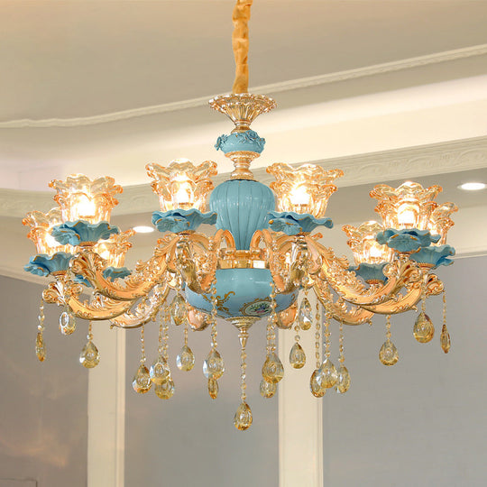 Blue Handblown Glass Chandelier: Classic Floral Pendant With Crystal Accent- Elegant Lighting 10 /